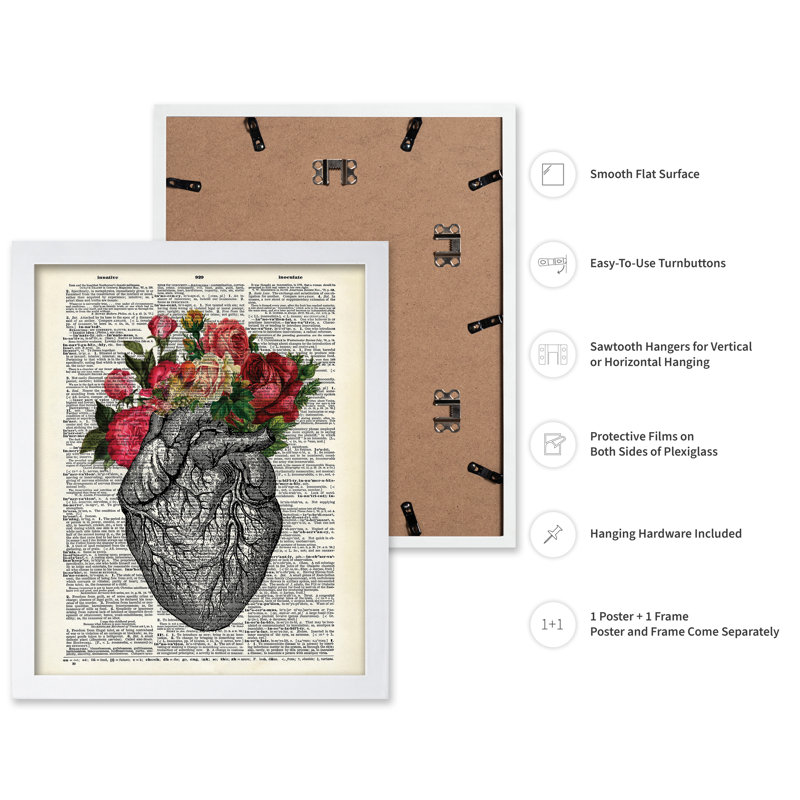 Floral Anatomical Heart No2, Poster, White Framed, 16"H x 20"W