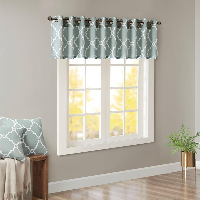 Fretwork Print Grommet Top Window Valance, Seafoam/White