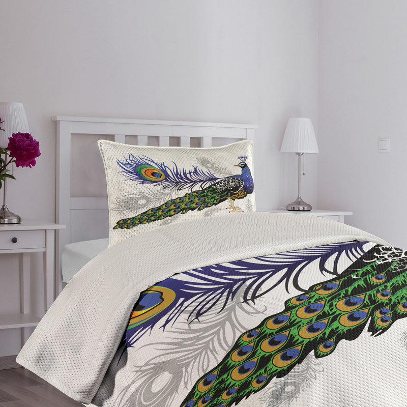 White Twin Quilted Bedspread Set with Peacock Design