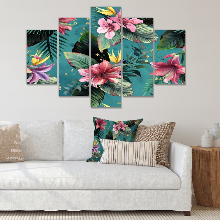 DesignArt Pink Tropical Flowers On Teal On Canvas 5 Pieces Painting ...