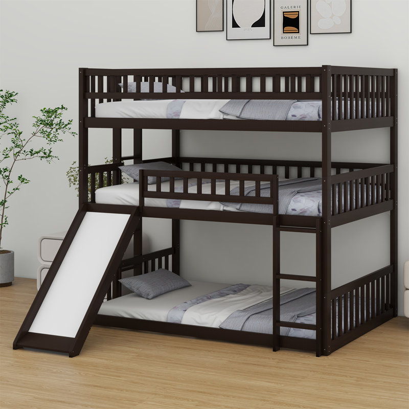 Triple Bed With Built-In Ladder,Slide And Guardrails, Espresso