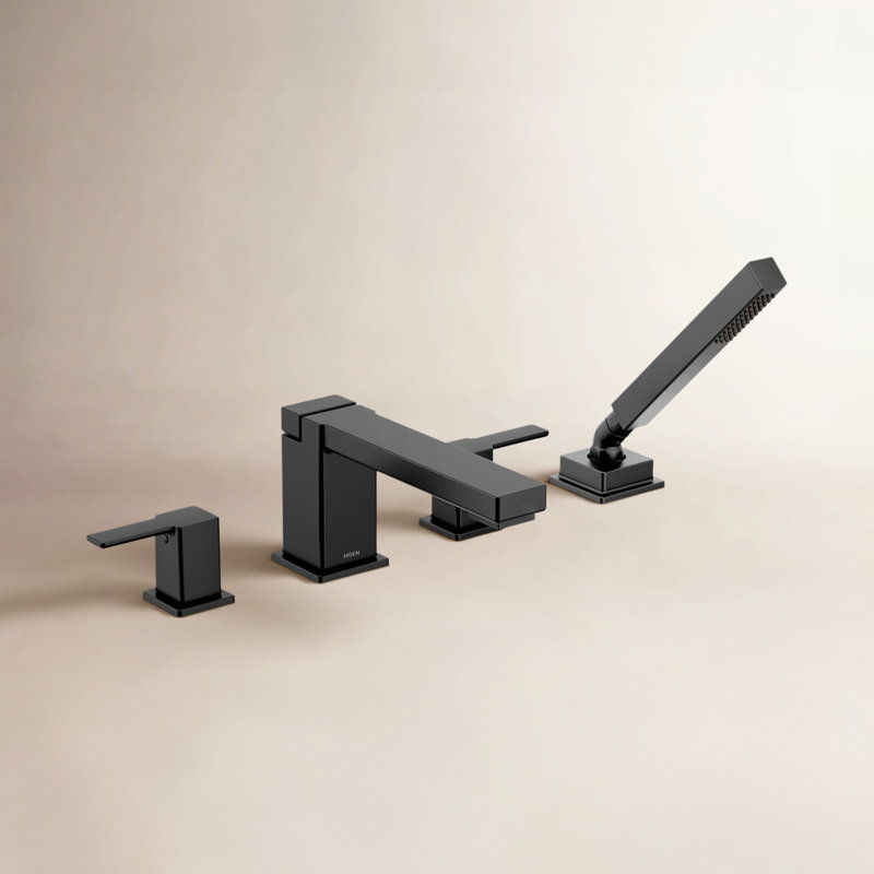 90 Degree Double Handle Deck Mounted Roman Tub Faucet Trim with Diverter and Handshower, Matte Black