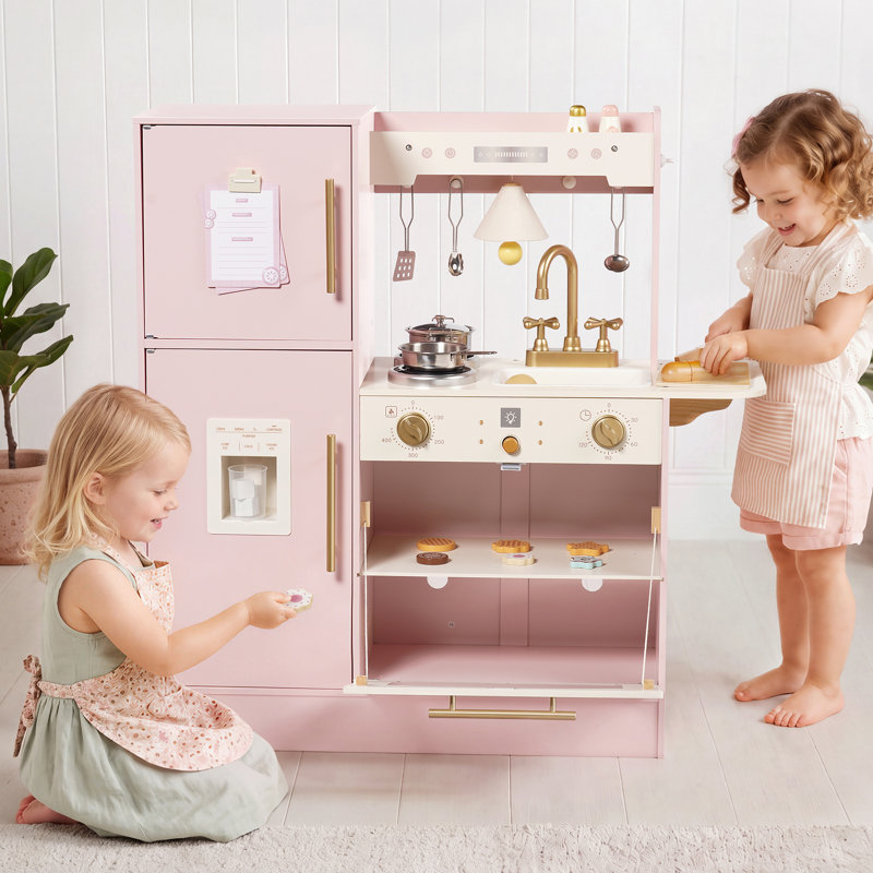 Cuisine de jeu en bois, ensemble de cuisine avec réfrigérateur, rose