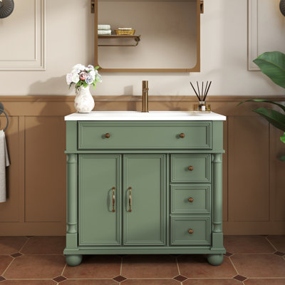 Meuble-lavabo de salle de bain de style Mid-Century avec poignées en métal, colonnes romaines en bois massif et rangement pour accessoires