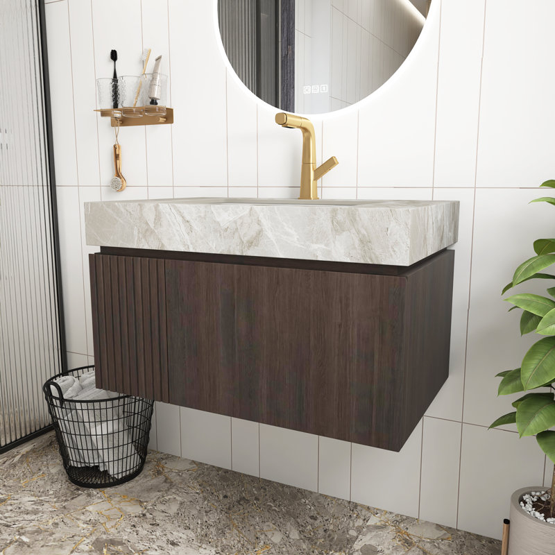 Meuble-lavabo de salle de bain à grain de bois espresso de 30 po avec lavabo, armoire de rangement en contreplaqué flottant avec tiroir et porte, plateau en pierre frittée gris clair avec lavabo en céramique, pré-assemblé