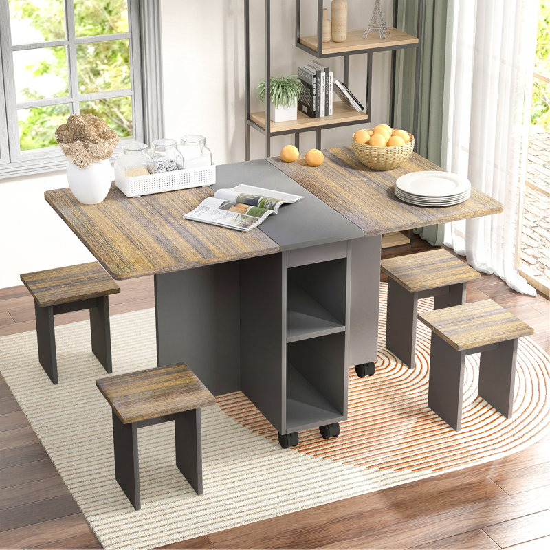 5 Pieces Folding Extendable Dining Table Set With 4 Chairs For 4 Peoples, 55'' Drop Leaf Wood Kitchen Dining Room Table Set With Storage And 6 Wheels For Small Space Saving, Brown