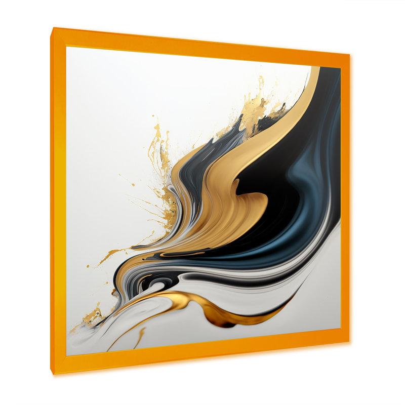Art liquide noir, blanc et or III - peinture sur toile, H 16 po x l 16 po x P 1 po, Impression dorée sur toile encadrée