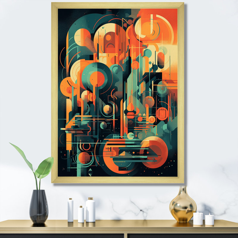Vert et orange Mid Century Innovations II, reproduction d'art sur toile, H 32 po x l 24 po x P 1 po, Encadrement doré