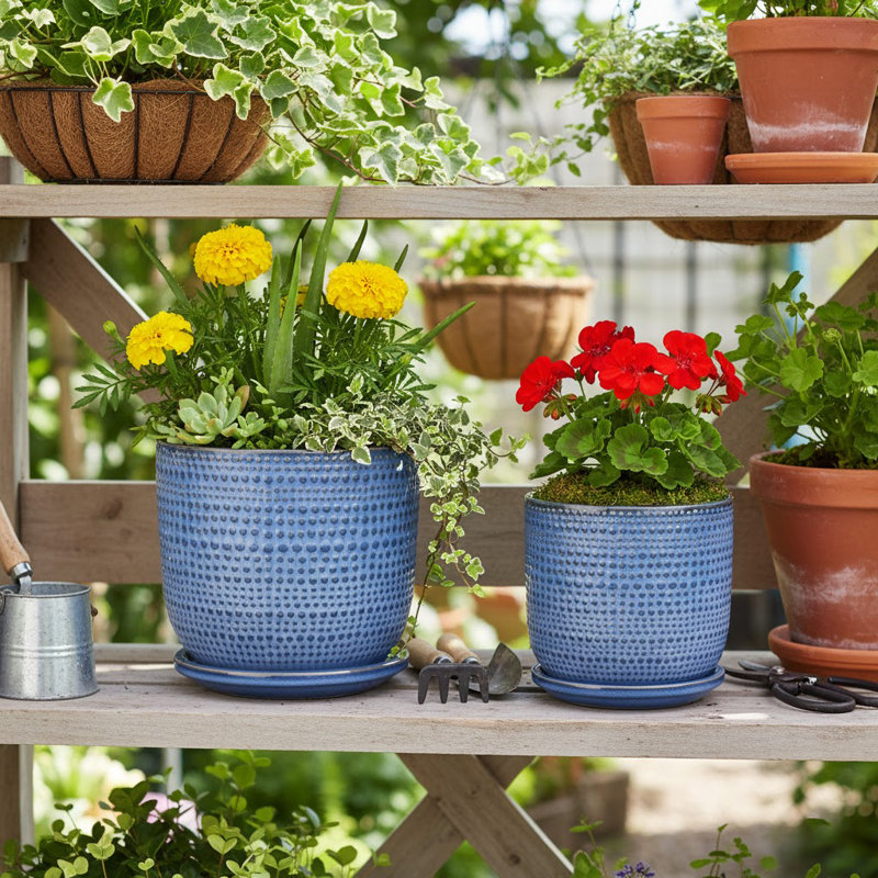 Decorative Round Indoor Planter With Saucer For Home Decor - Stylish Textured Flower Pot For Outdoor Patio Or Living Room Decor - Set Of 2, 6",  8"