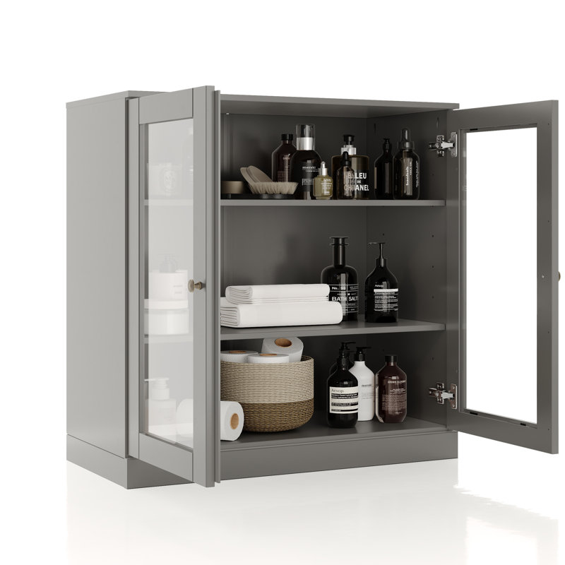 100% Solid Wood 32" Bathroom Cabinet with Clear Glass Doors and Adjustable Shelves, Gray