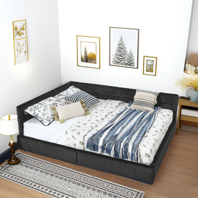 L-Shaped Velvet Upholstered Daybed, Queen Size Corner Sofa Bed With 2 Storage Drawer,Tufted Solid Wood Platform Bed With Headboard,Brown
