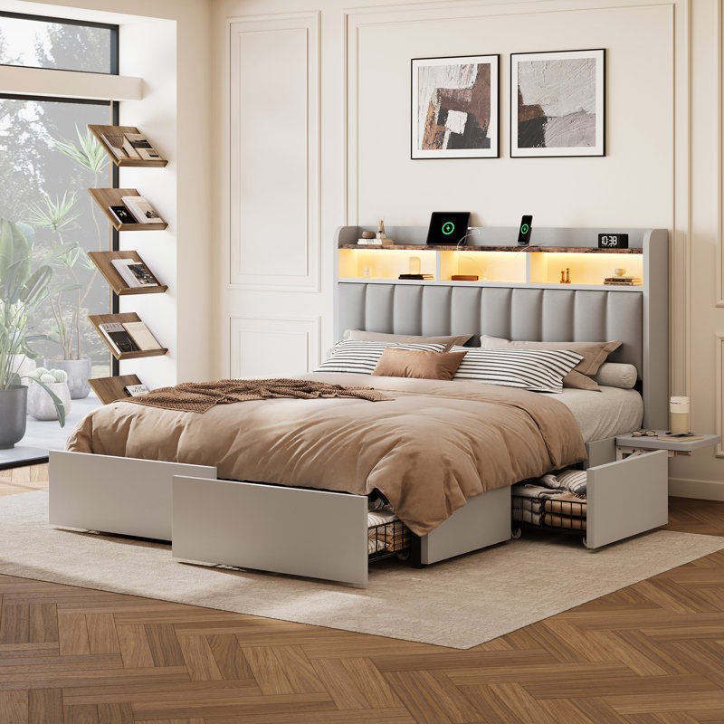 Bed Frame With 4 Drawers For Storage, Bedside Table, Pu Soft Headboard, Built-In Charging Station And Led Lights, Gray, Queen