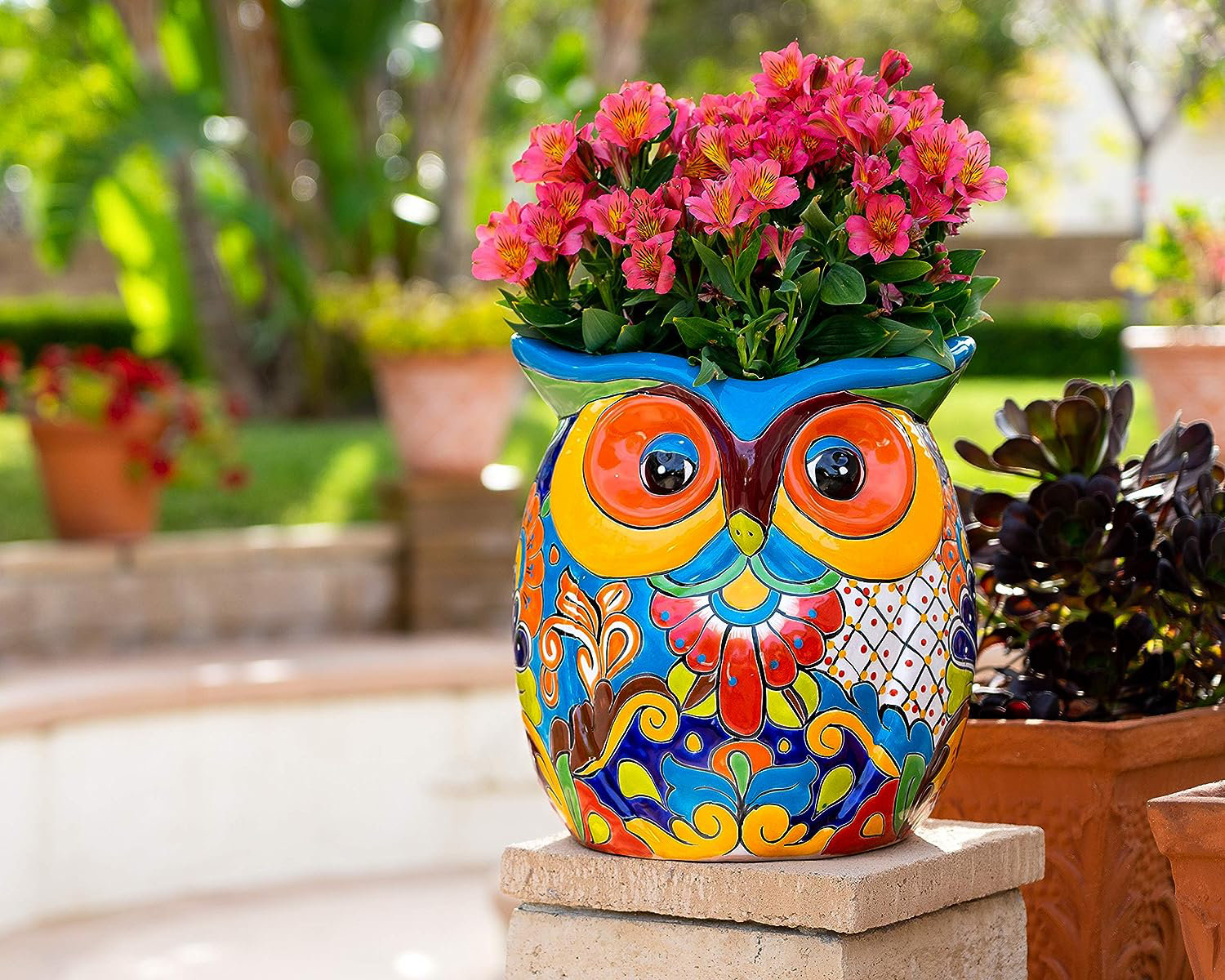 Nooralam Handmade Mexican Talavera Extra Large Ceramic Owl Flower Pot  Planter