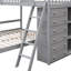 Lit superposé simple en bois au-dessus d'un lit double gris avec six armoires à tiroirs et des tablettes modulables-218756033-218756035