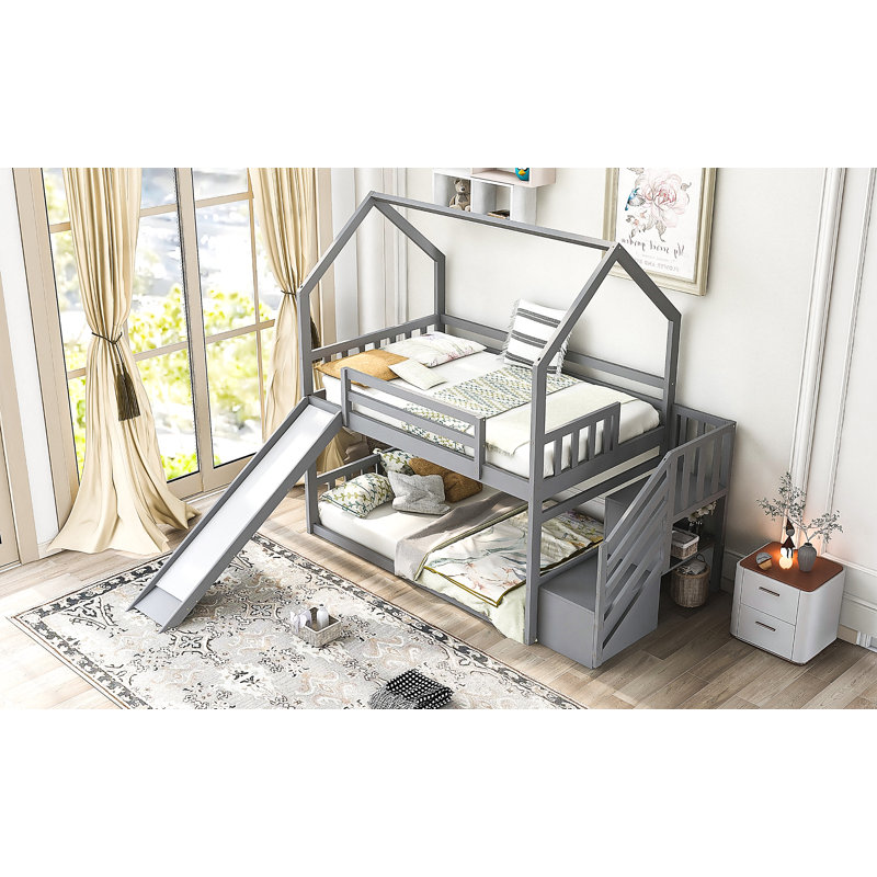 Lit superposé simple au dessus d'un lit simple avec glissière convertible, escalier de rangement, Gris