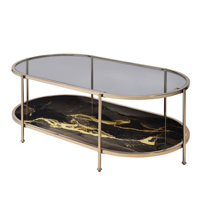 Elegant Black Marble Print Coffee Table With Metal Body And Shelf Part Luxury Gold Construction