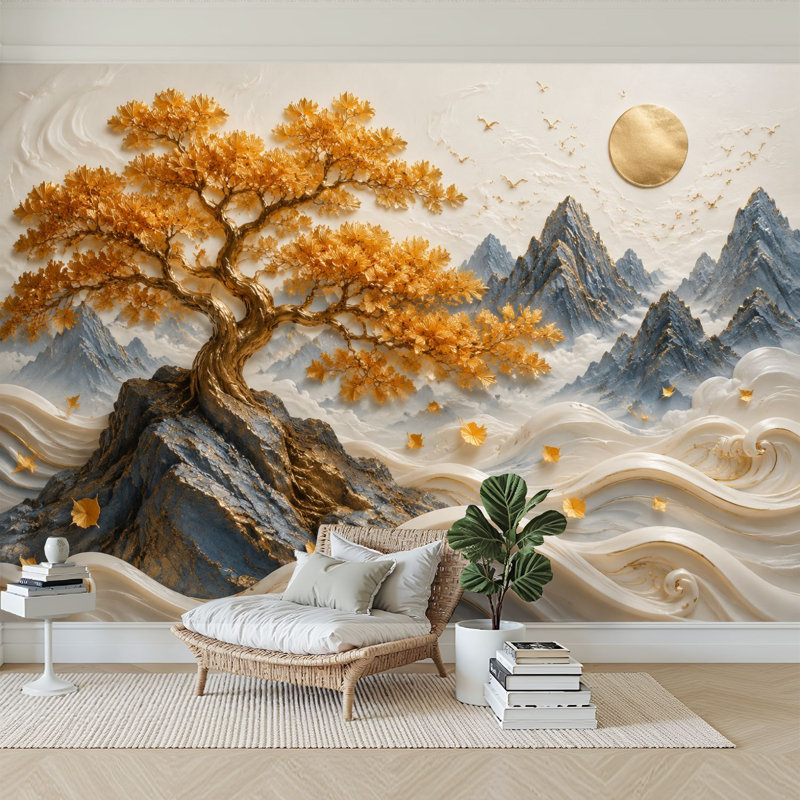 Papier peint adhésif peler et coller Golden Tree Mountain Landscape Abstract Waves Misty Peaks Effect Papier autocollant amovible pour décoration de salon Chambre à coucher H 100 po x l 144 po