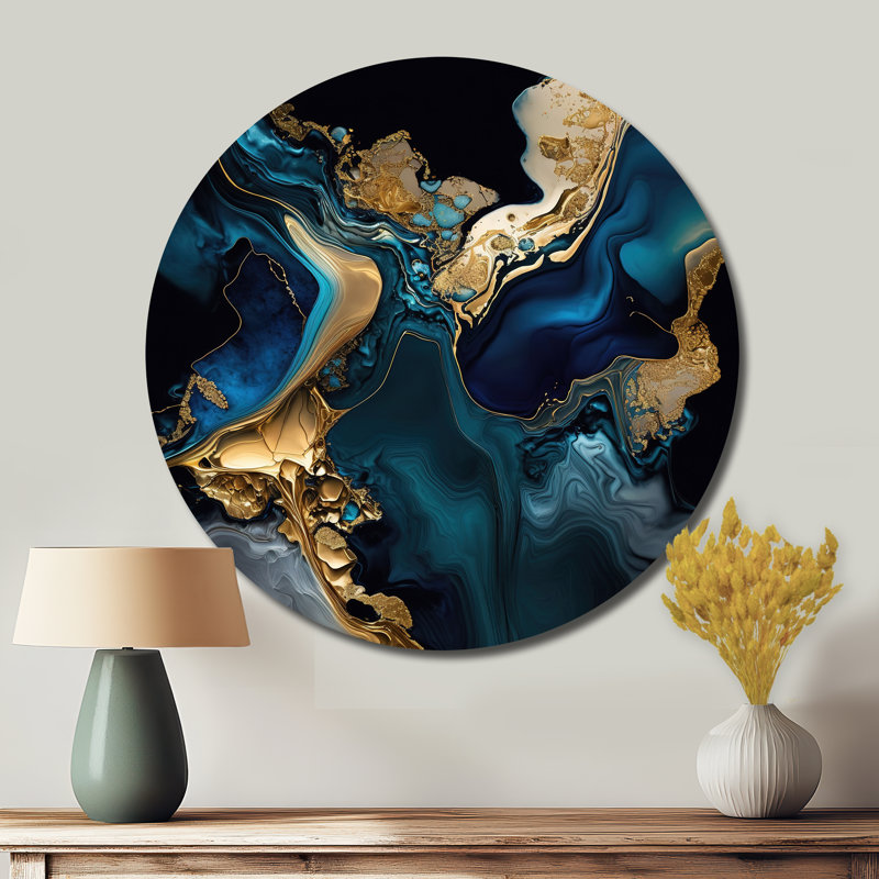 Géode abstraite marbre bleu IV - Décoration murale abstraite ronde en métal, H 16 po x l 16 po