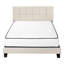 Lit, grand lit, tapissier, aspect lin beige, pieds en bois noir, transitionnel