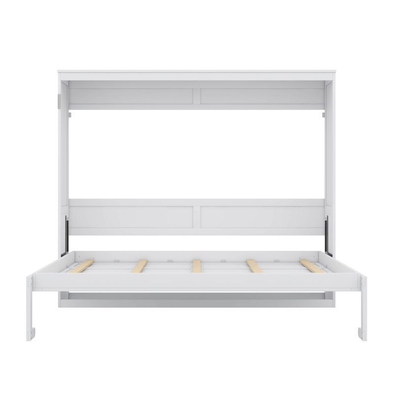 Grand lit pliable mural avec tablette de rangement et lattes de bois, Grand lit, Blanc