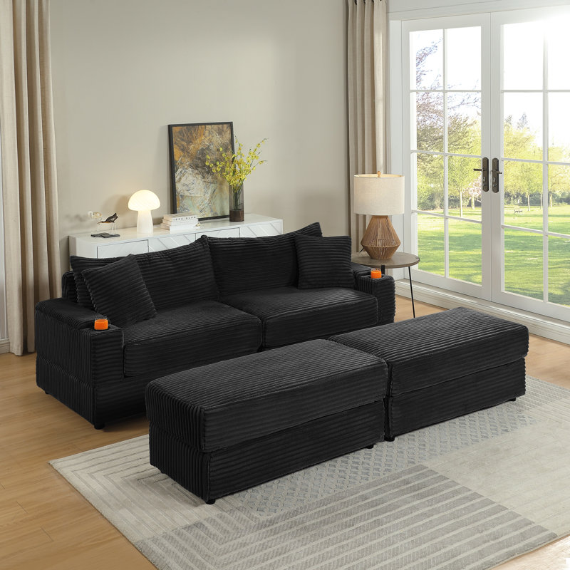 Ensemble de canapés en velours côtelé 2 pièces avec 4 coussins décoratifs et 2 repose-pieds - siège profond, fabrication robuste, assemblage facile, essentiel pour le salon