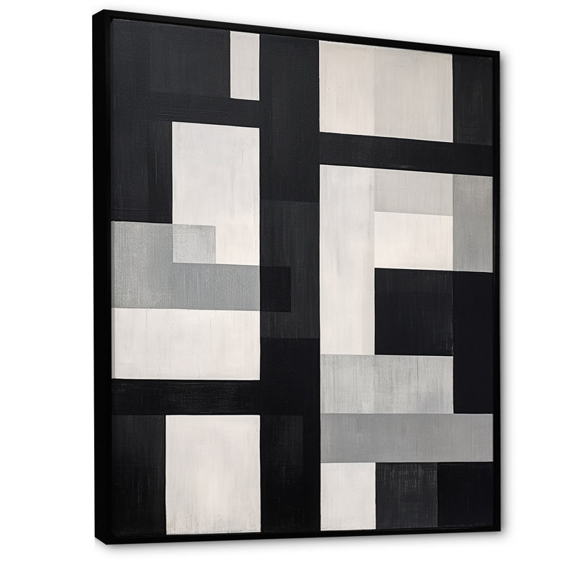 «Black and White Cuboids Dream I - Abstract Shapes», art mural, 40" H x 30" W x 1.5" D, Cadre flottant noir
