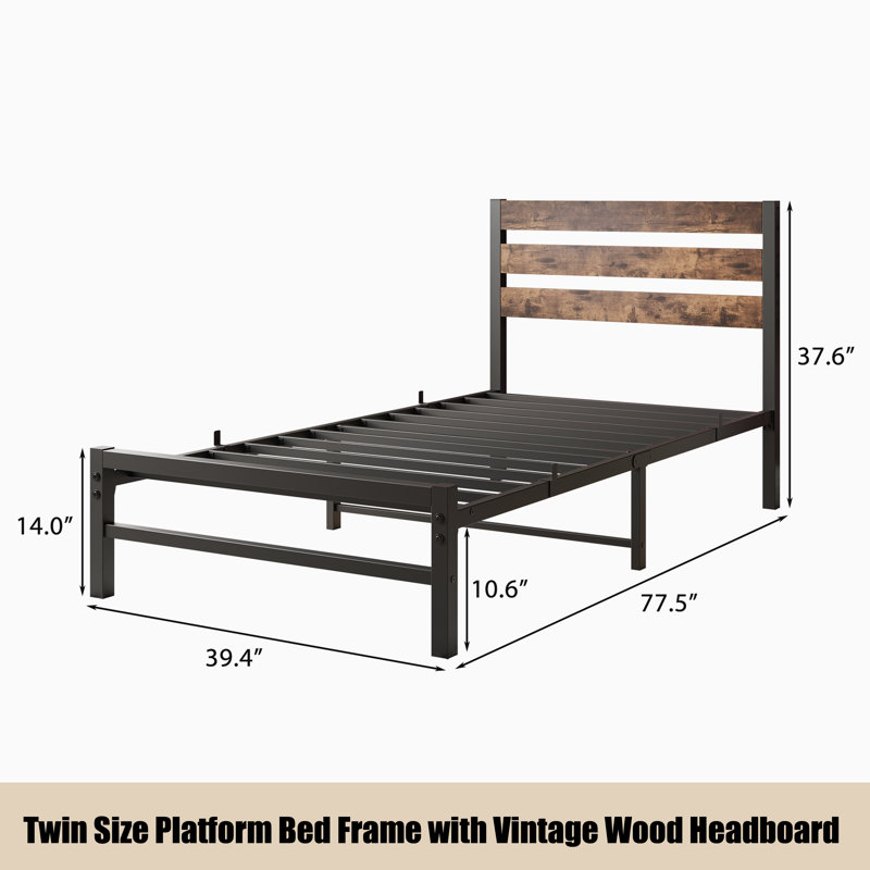 Structure de lit plateforme simple avec tête de lit en bois rustique rétro, sommier à lattes en métal robuste, brun rustique non nécessaire