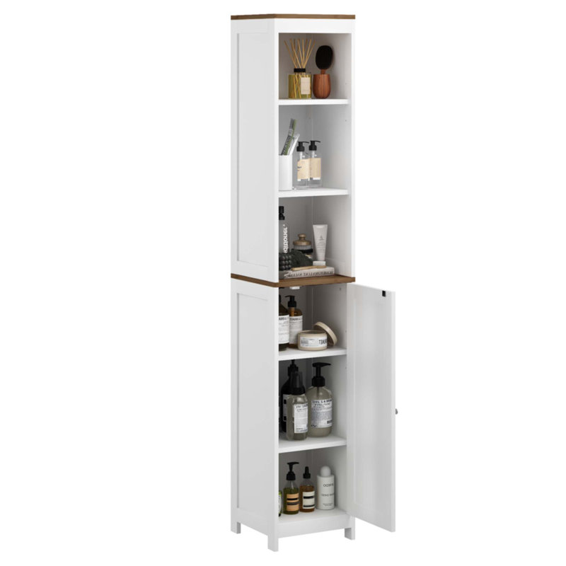 Tall Bathroom Storage Cabinet With Reversible Door, Freestanding Linen Tower With Open Shelves And Enclosed Cabinet, Narrow Floor Cabinet Organizer For Bathroom, Laundry Room Or Small Spaces – White
