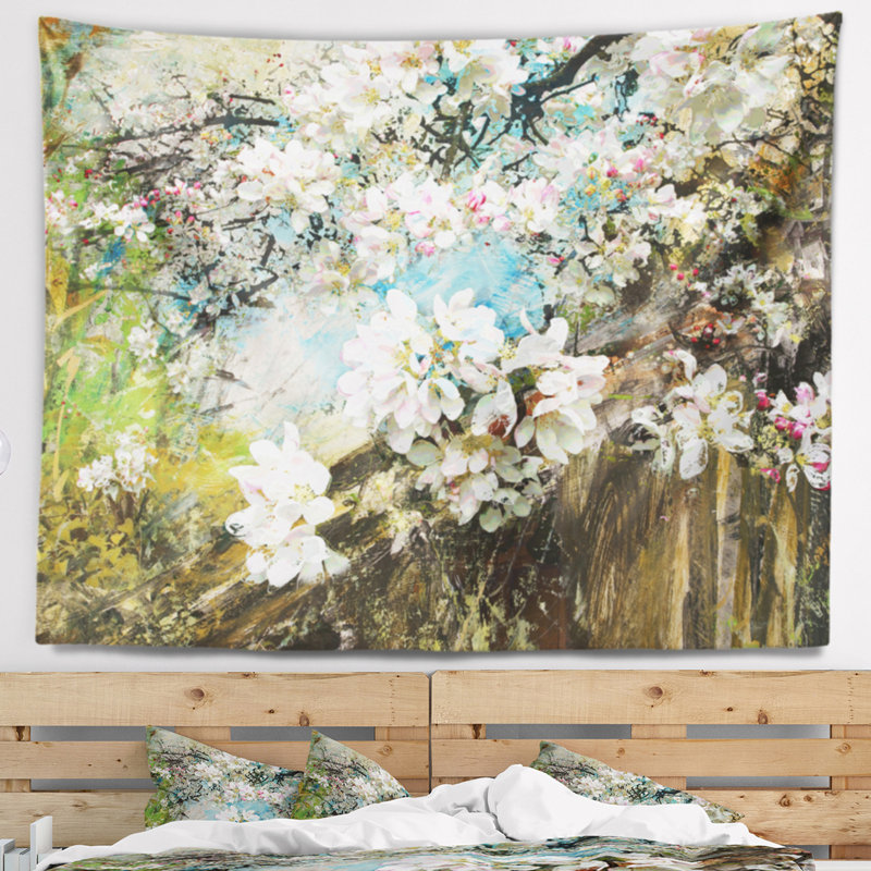 Tapisserie florale à fleurs de pommier avec fleurs blanches, H 68 po x l 80 po