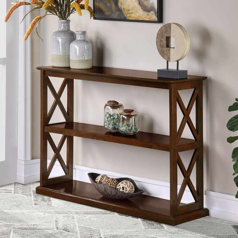 Arthella 3-Tier X-Design Console Entryway Sofa Table With Shelves, Espresso Top/Espresso Base