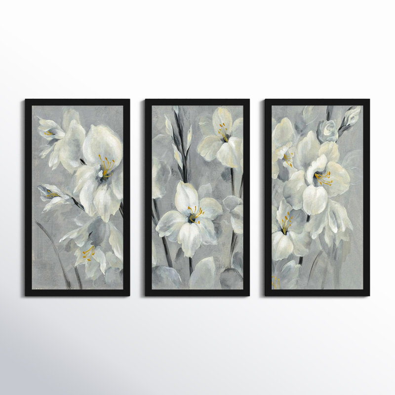 Fleurs sur fond gris - ensemble de 3 reproductions d'art, L 52,5 po x H 33,5 po x P 1 po