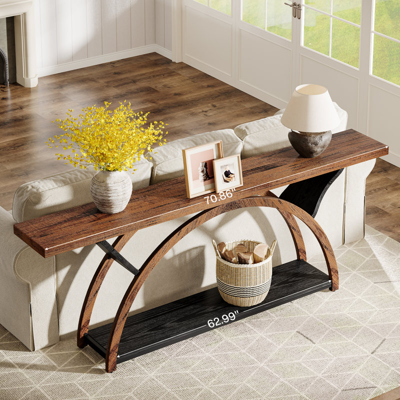 70.87'' Console Table with Storage Shelf, Rustic Industrial Sofa Table with Half-Moon Frame for Entryway or Living Room