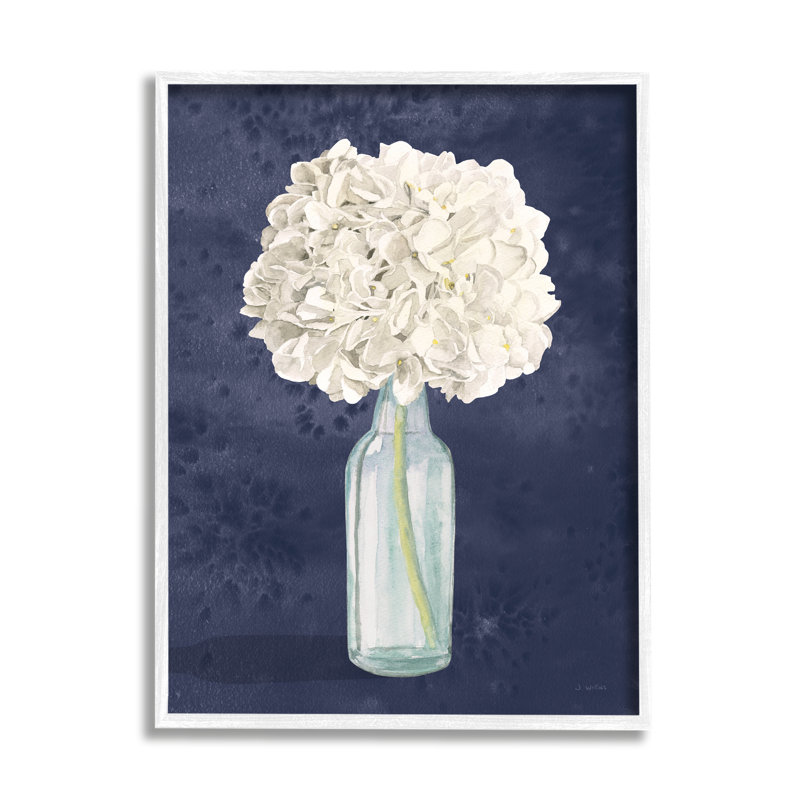 White Floral Bouquet in Blue Bottle Abstract Print with White Frame