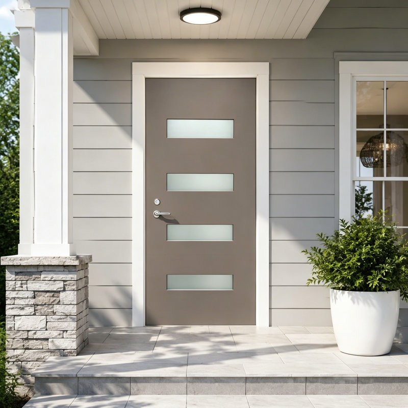 Ensemble de porte d'entrée contemporaine en fibre de verre 36 po x 80 po à 4 lumières, verre givré, à droite vers l'intérieur