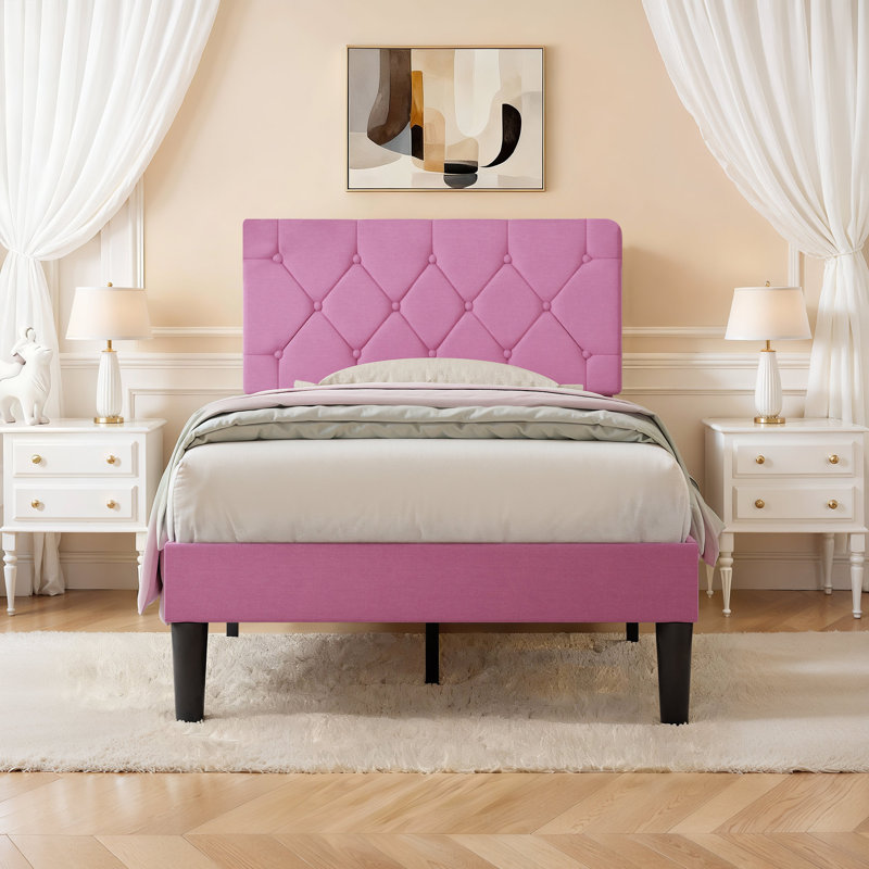 Lit plateforme tapissier Candelaria avec tête de lit capitonnée réglable, cadre de lit en tissu de lin avec tête de lit capitonnée à boutons, aucun sommier requis, support à lattes en bois, lit tapissier moderne pour la chambre à coucher