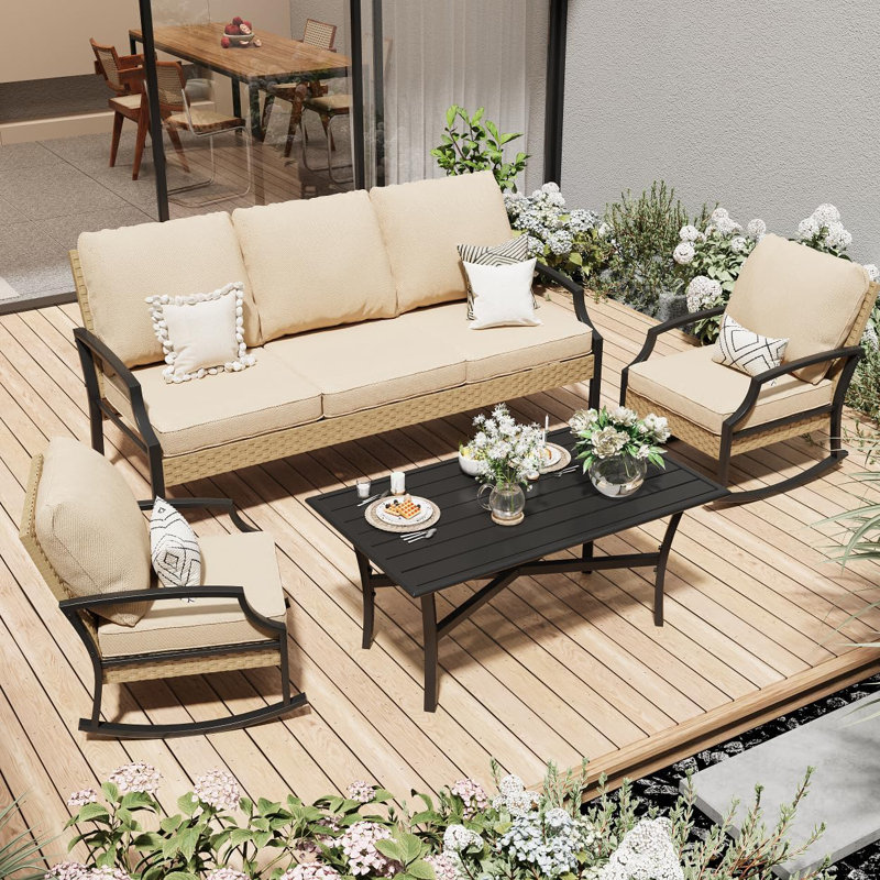 Outdoor Patio Furniture Set With Rocking Chair, 4 Piece Rattan Conversation Bistro Set, Beige