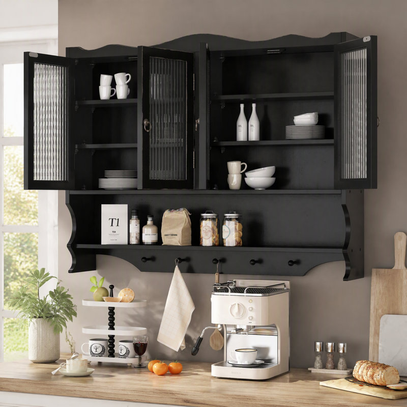 Armoire murale 39,37 po à 4 portes rétro, avec deux niveaux de rangement et un support à crochets ouverts, convient aux salles de bain, cuisines et salles à manger