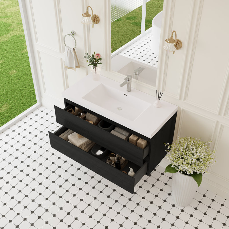 42" Floating Bathroom Vanity Modern Wall-Mounted Single Vanity with Integrated Resin Top, 2 Soft Close Drawers, Full Assembly, Espresso Wood