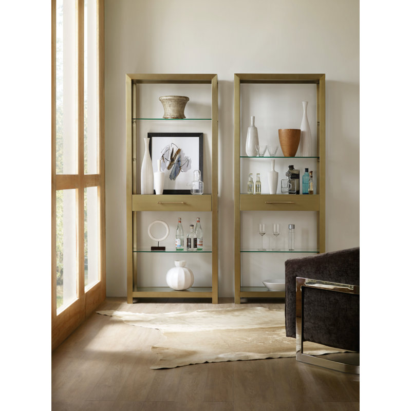 Brushed Brass and Glass Tall Adjustable Bookcase with Drawer