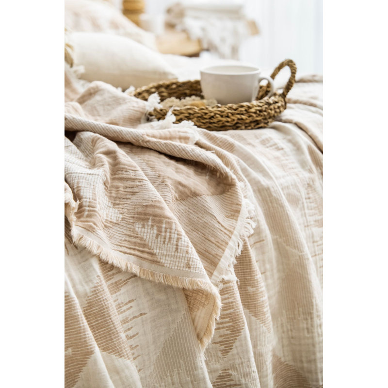 Ensemble de couvre-lit double élégant, mousseline jacquard 100% coton, 94,5 po x 102,4 po | 320 g / m², lavable à la machine | Couleur beige doux, parfait pour les chambres confortables | Texture luxueuse et entretien facile
