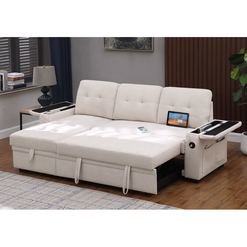 Ashlyn II 84-inch Reversible Sleeper Sectional Sofa with Storage Chaise, Storage Arms, Cup Holders, USB & USB-C Charging Ports, Side Pockets, Pocket Coil Seating, Beige Woven Fabric