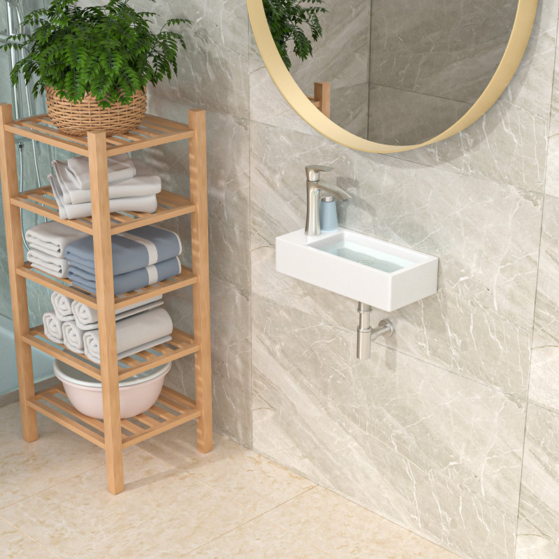 Petit lavabo de salle de bain mural mural en céramique blanc lustré flottant avec trou de robinet gauche 14,5 "L x 7" l