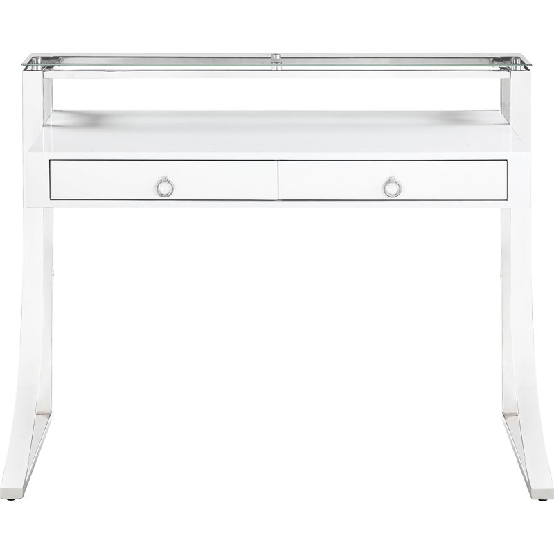 Bureau à 2 tiroirs blanc ultrabrillant avec cadre poli et verre trempé transparent, configuration de bureau contemporaine, profondeur de 23,5 po, tiroirs d'écriture rectangulaires, cadre, style pour espaces, profond