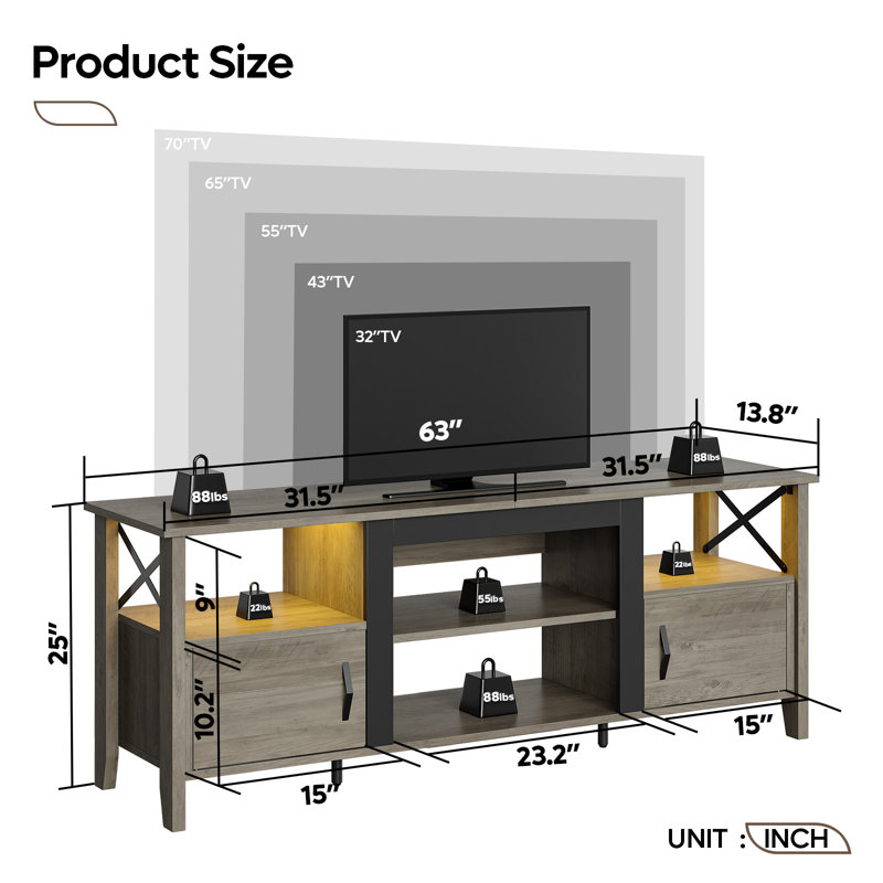 Kristyne Farmhouse TV Stand for 70" TVs with LED Light, Fireplace-Friendly, Gray