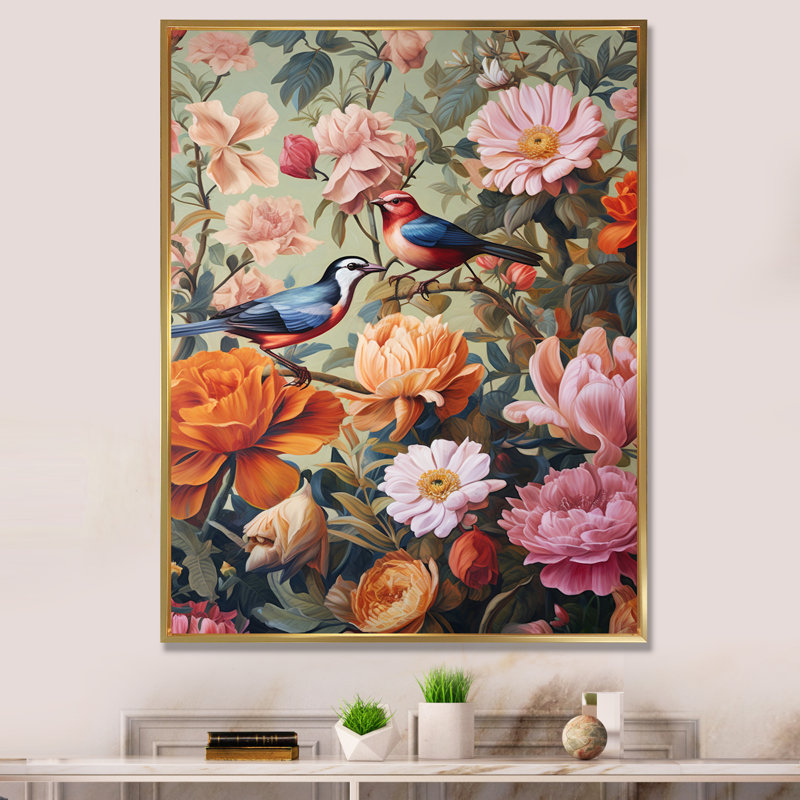 Peinture d'oiseaux tropicaux au paradis, H 40 po x l 30 po x P 1,5 po, Cadre flottant doré