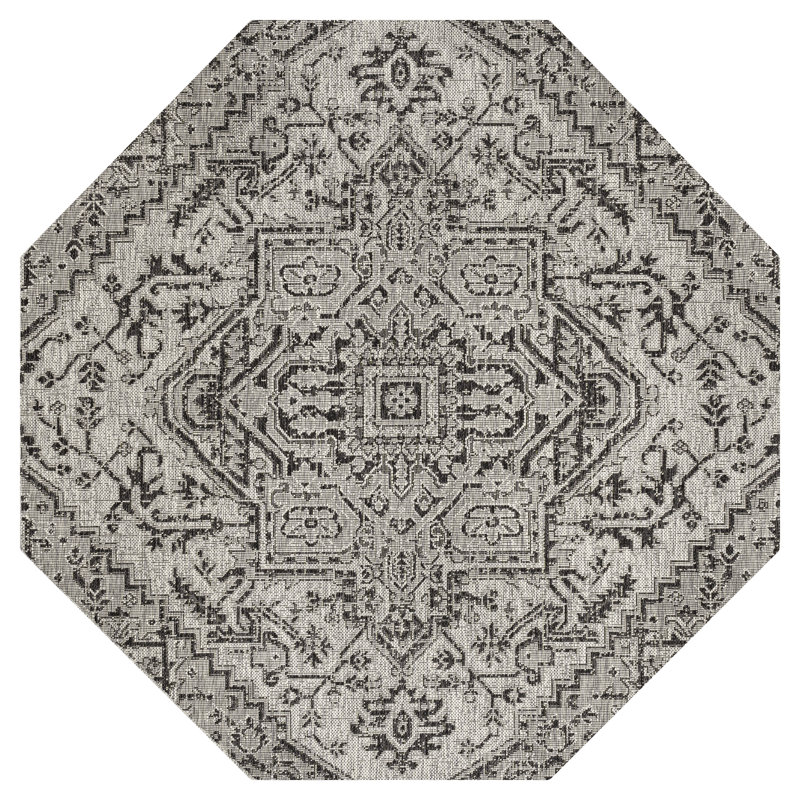 Truman Bohemian Medallion Textured Weave Black/Gray Indoor/Outdoor Rug, Octagon 5'3"