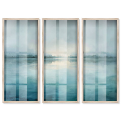 Ensemble de 3 impressions sous verre Fogbound Shore III, style abstrait côtier, par Art Remedy, cadre blond, 20 x 48 pouces.