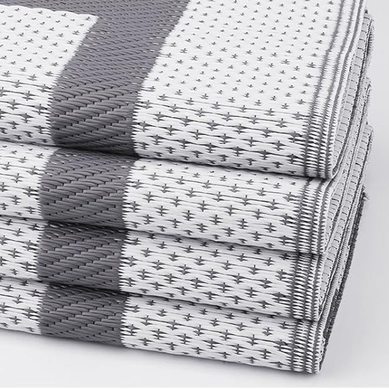 Durable Camping mats in Grey with White Edge Outdoor Rugs Reversible Waterproof mat, Rectangle 9' x 12'