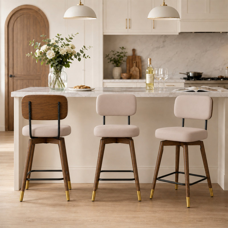 Tabouret de comptoir pivotant de 26 po avec siège en similicuir et pieds en bois, Kaki