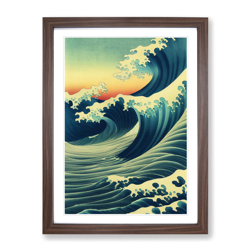 Japanese Wave At Sunset No.5 - Single Picture Frame Print, 64cm H x 46cm W x 2cm D, Walnut